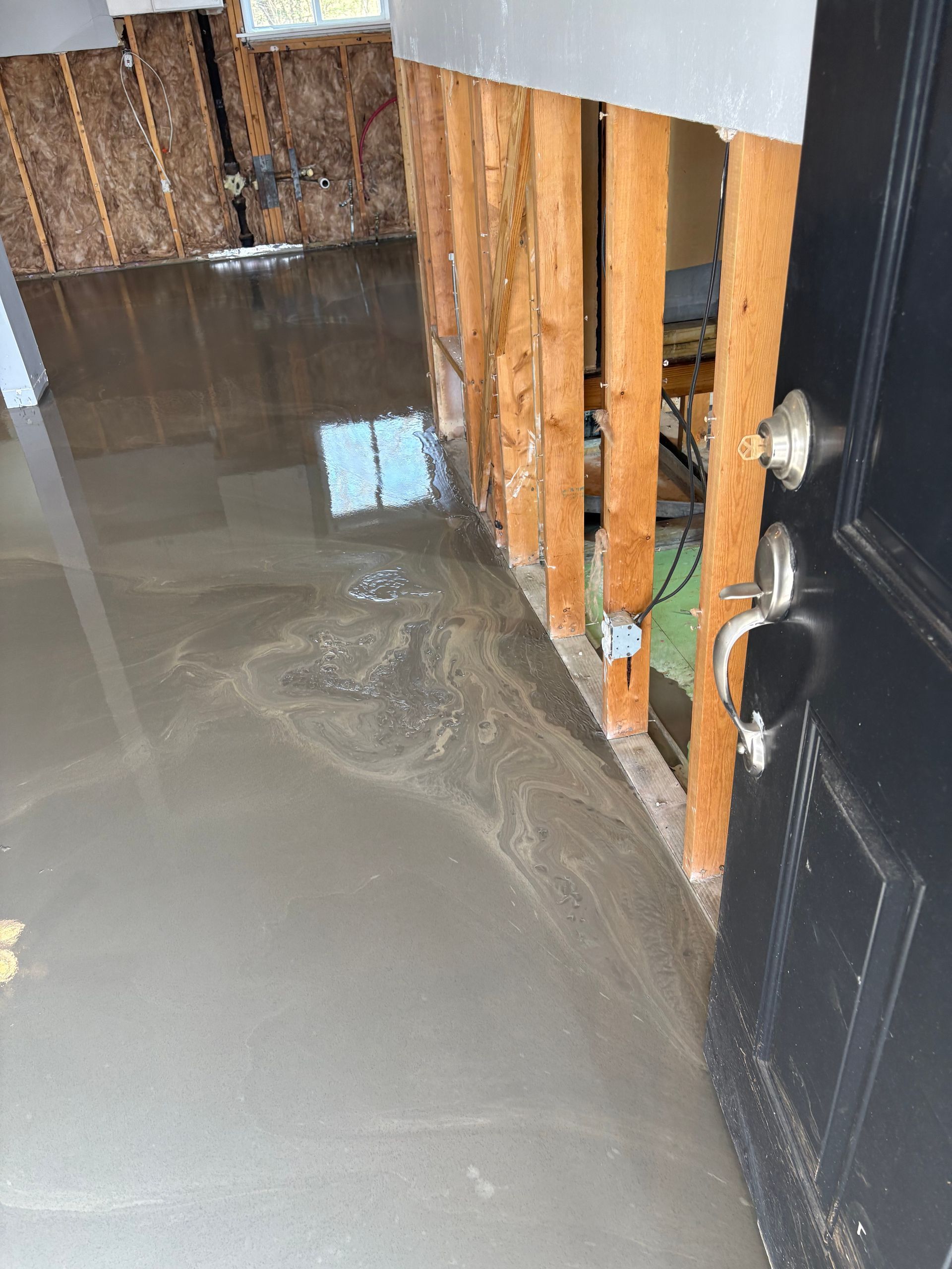 Flooded interior room with standing water, exposed wall studs, and a black door.
