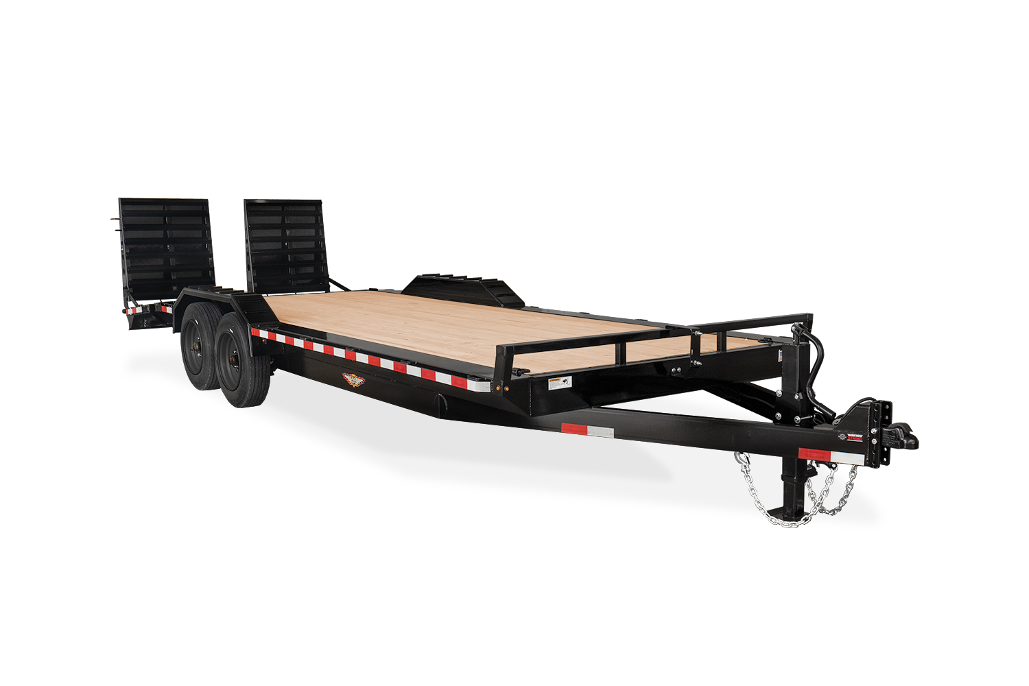 Flatbed trailer parked on gravel lot