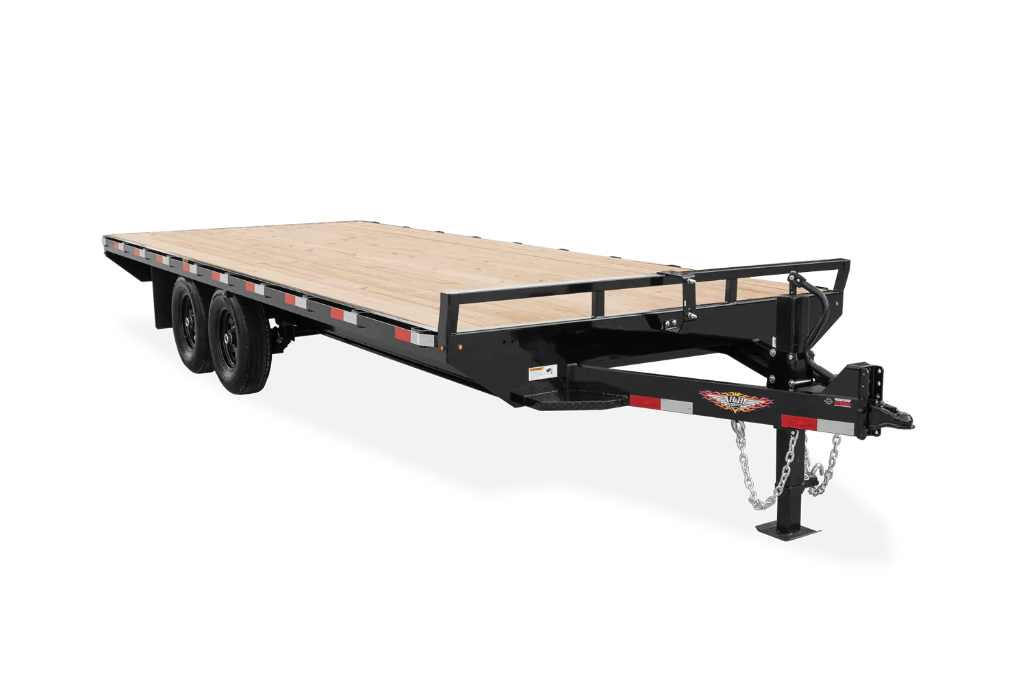 Black flatbed trailer with wooden deck, dual axles, and a hitch.