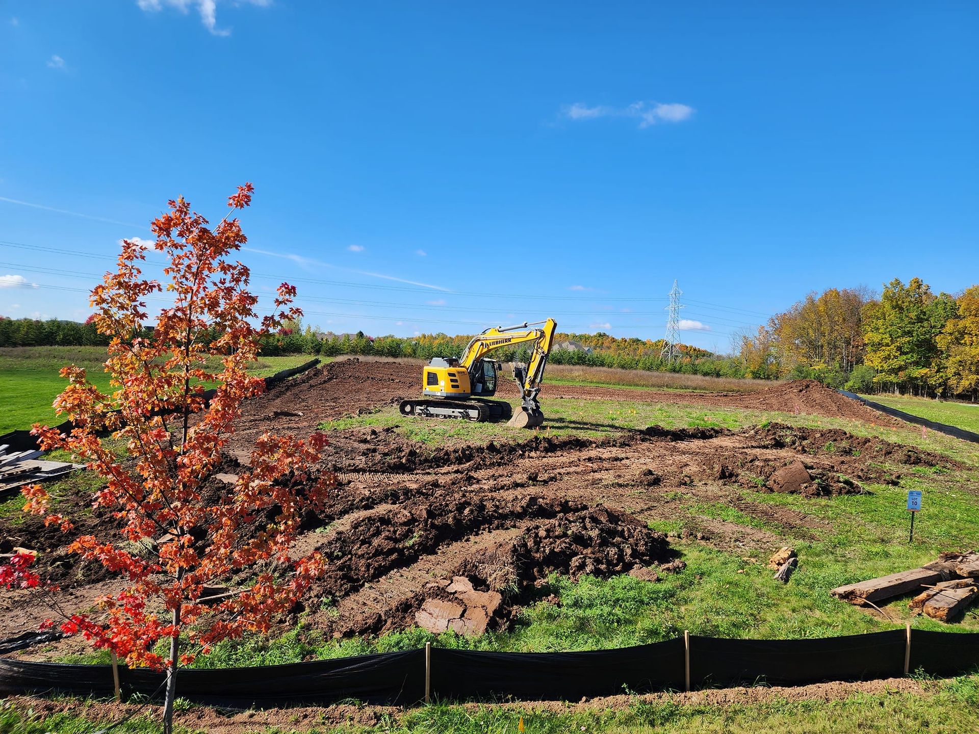 A yellow excavator is digging a hole in a grassy field.