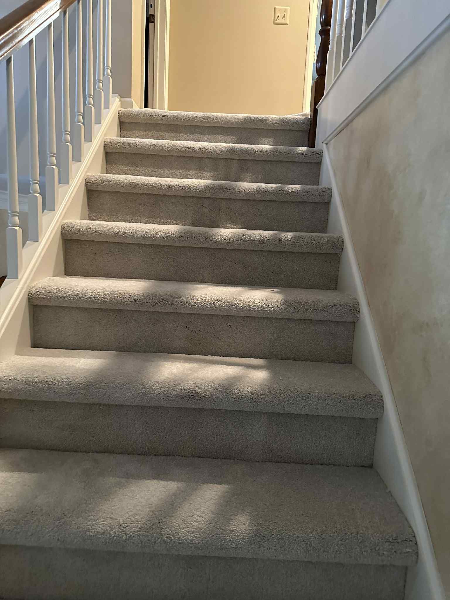 Carpeted staircase with white railing, leading upwards to a doorway.