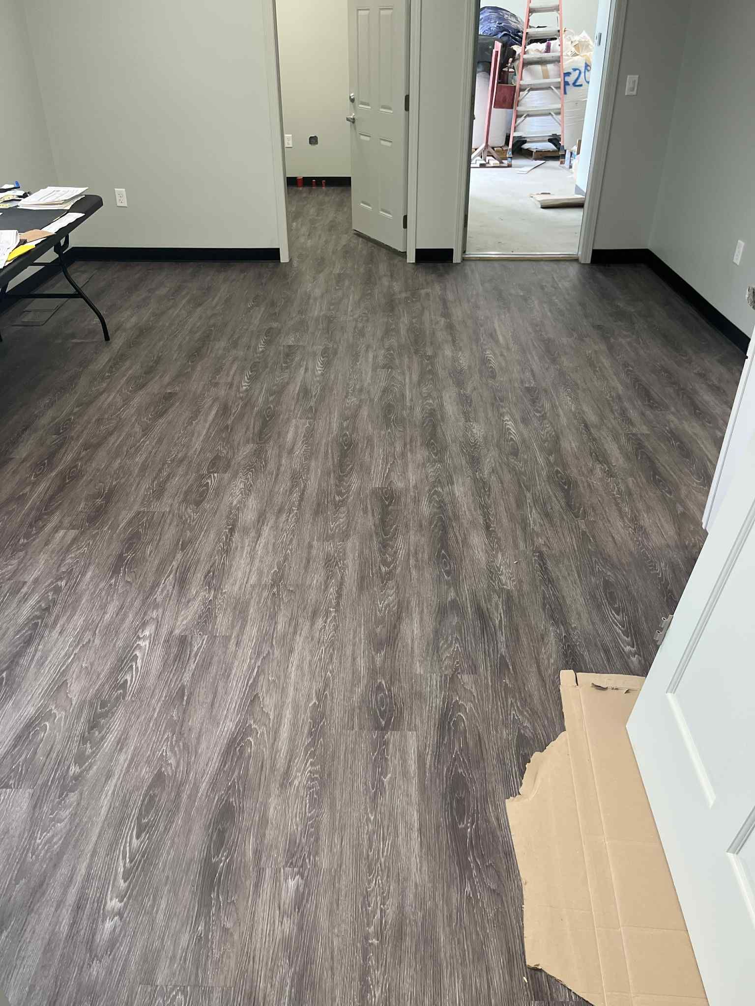 A room with gray wood-look flooring and light gray walls. Two open doors lead to other areas.