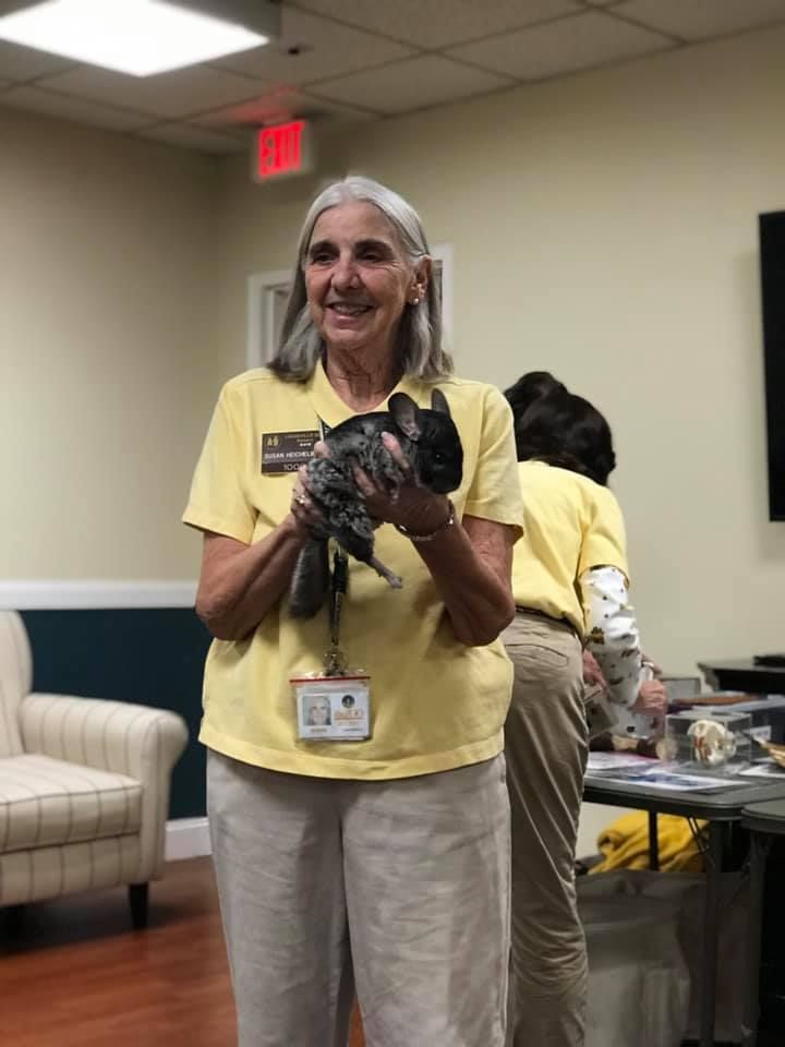 Woman in yellow shirt holds a chinchilla, indoors. Another person stands nearby.