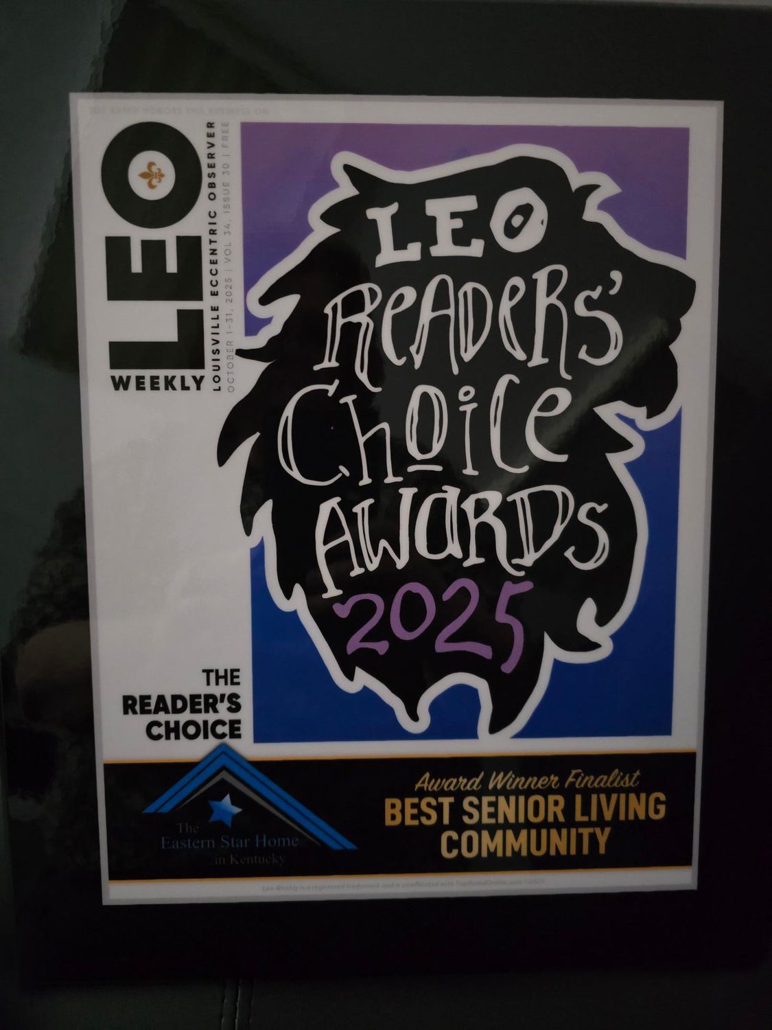 LEO Weekly magazine cover: Readers' Choice Awards 2025. Best Senior Living Community winner.