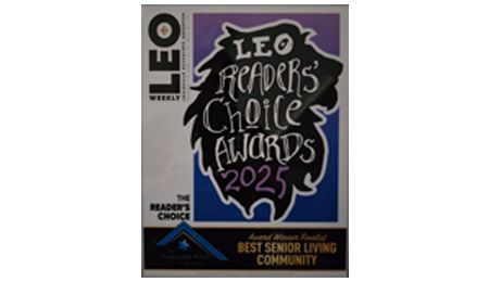 LEO Readers' Choice Awards 2025 for Best Senior Living Community. A lion illustration with purple, black and white text.