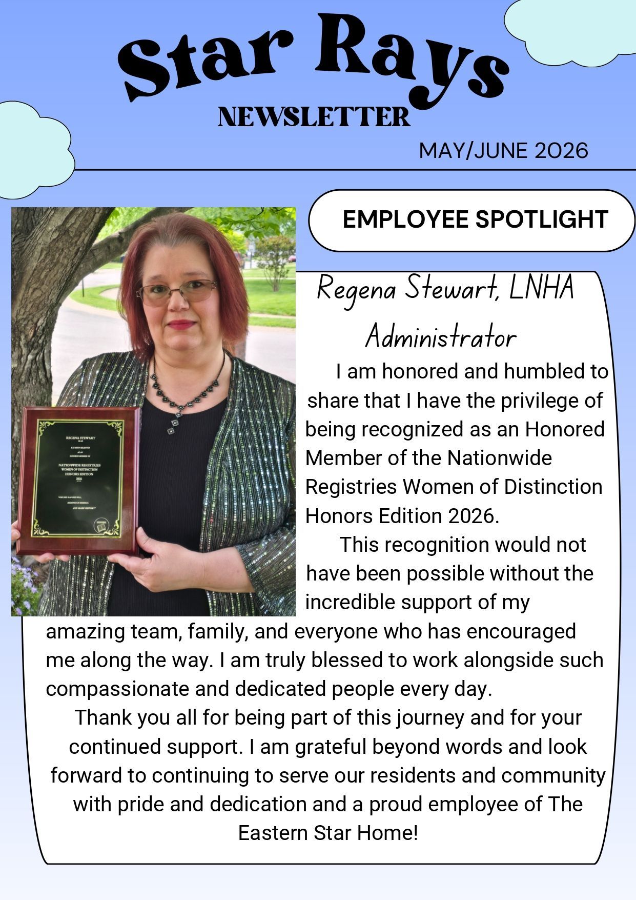 Star Rays newsletter cover with employee spotlight and portrait holding a plaque, May/June 2026