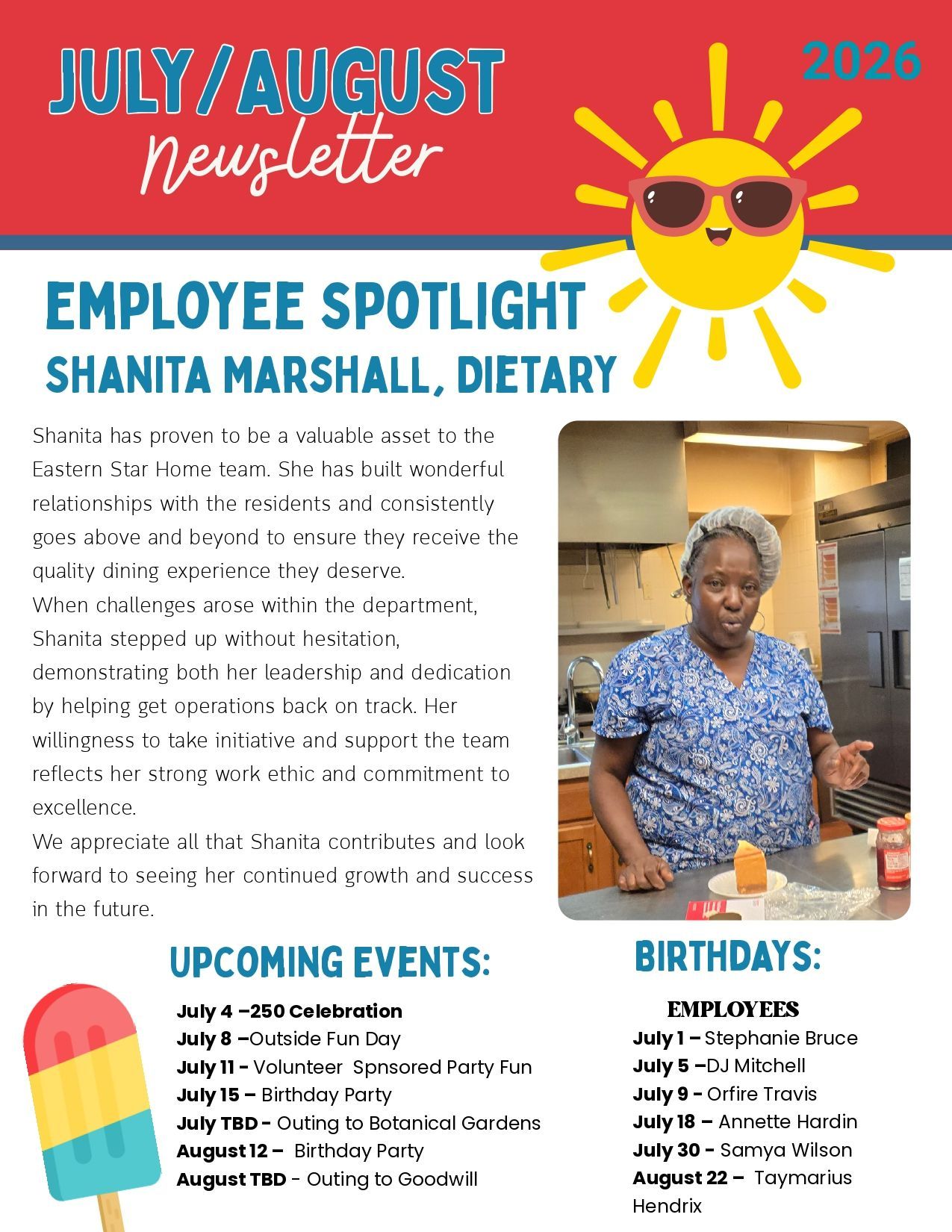 July/August 2026 newsletter featuring employee spotlight, events, birthdays, and a photo of a woman in a kitchen