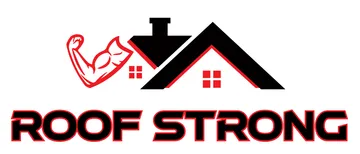 Logo for Roof Strong: black roof with chimney, red arm flexing, red text.