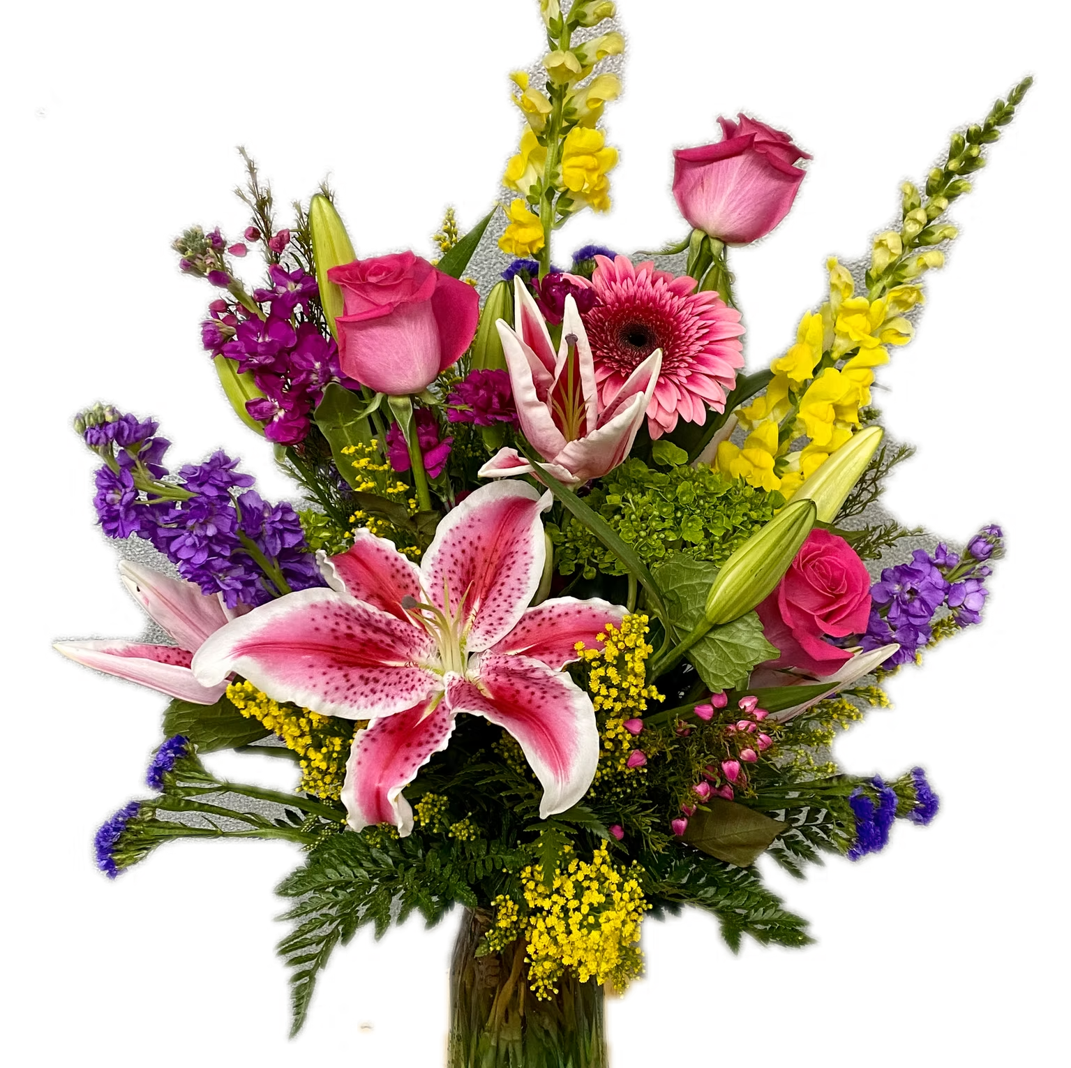 Colorful flower bouquet with pink lilies and roses, and yellow snapdragons.