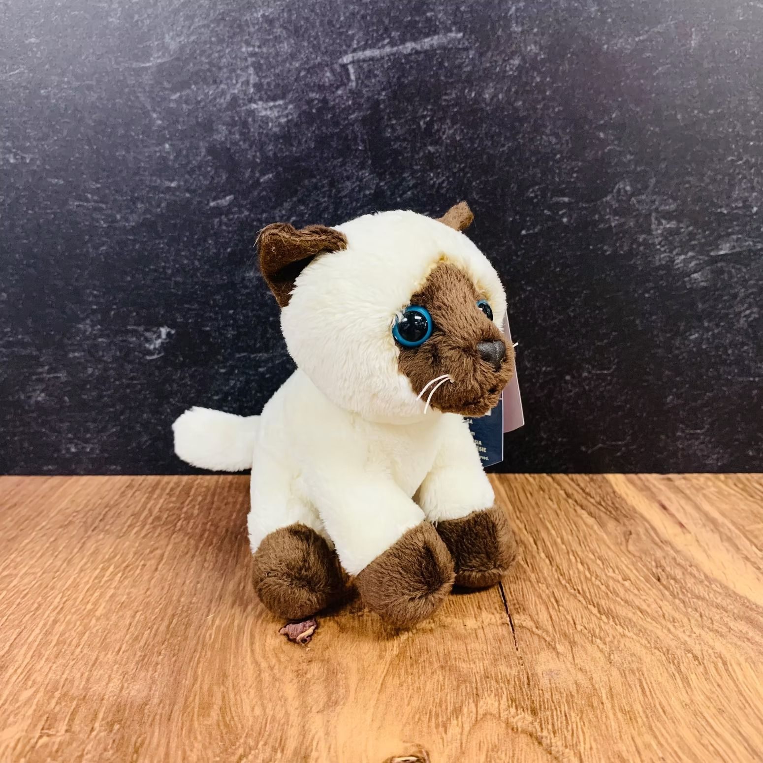 Stuffed Siamese cat toy with brown accents and blue eyes, sitting on a wooden surface.