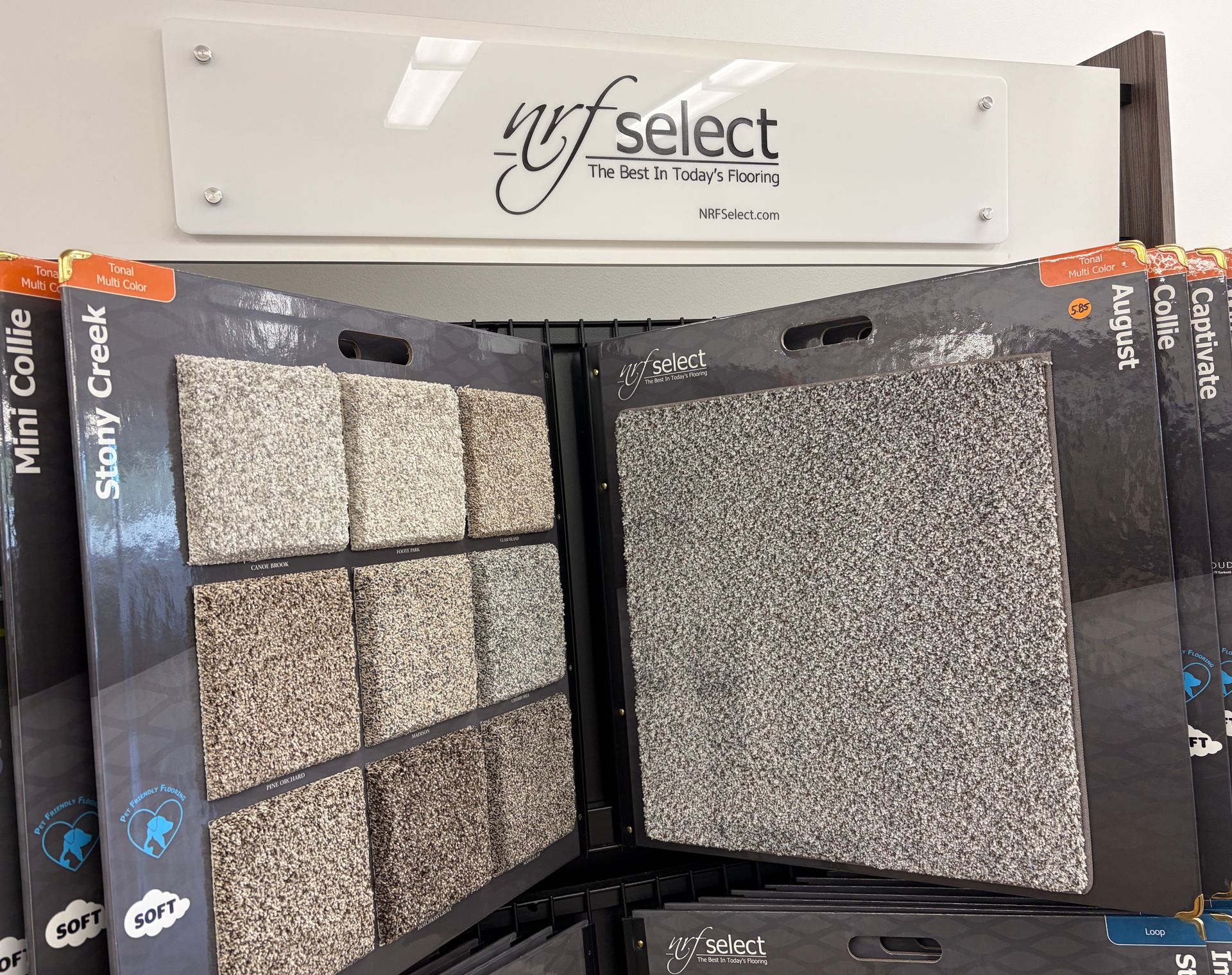 Carpet samples displayed under an 