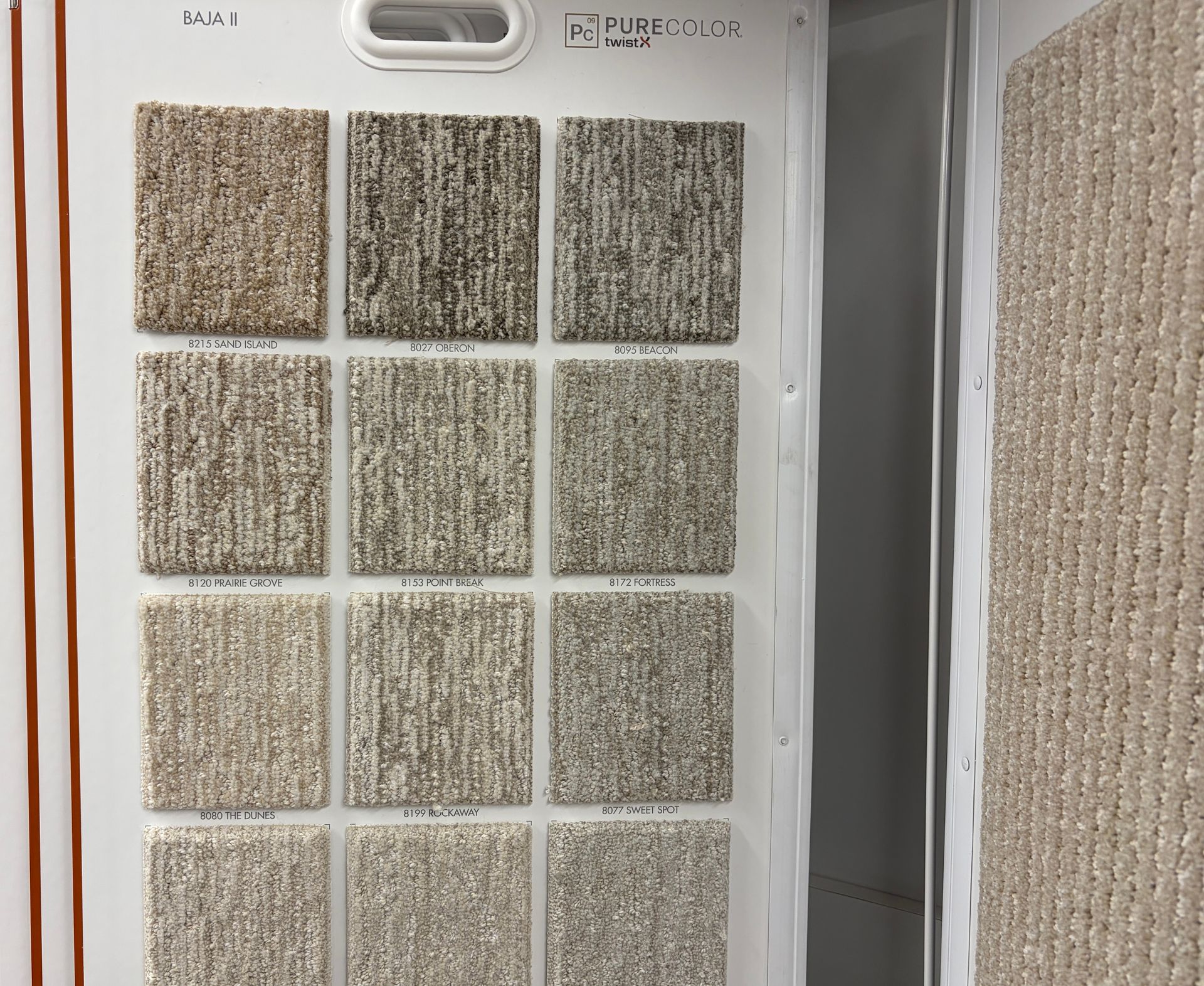 Carpet samples in various neutral shades displayed on a showroom card.