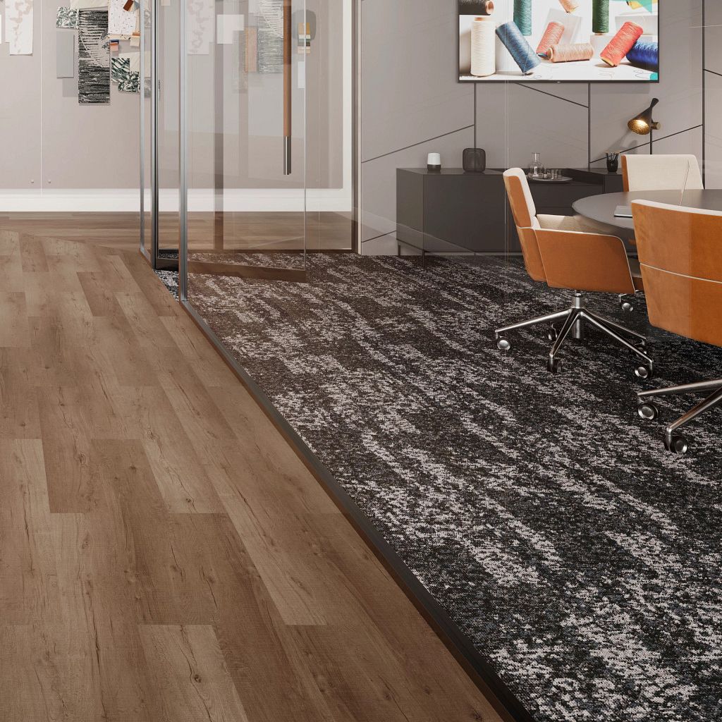 Office hallway with broadloom carpet