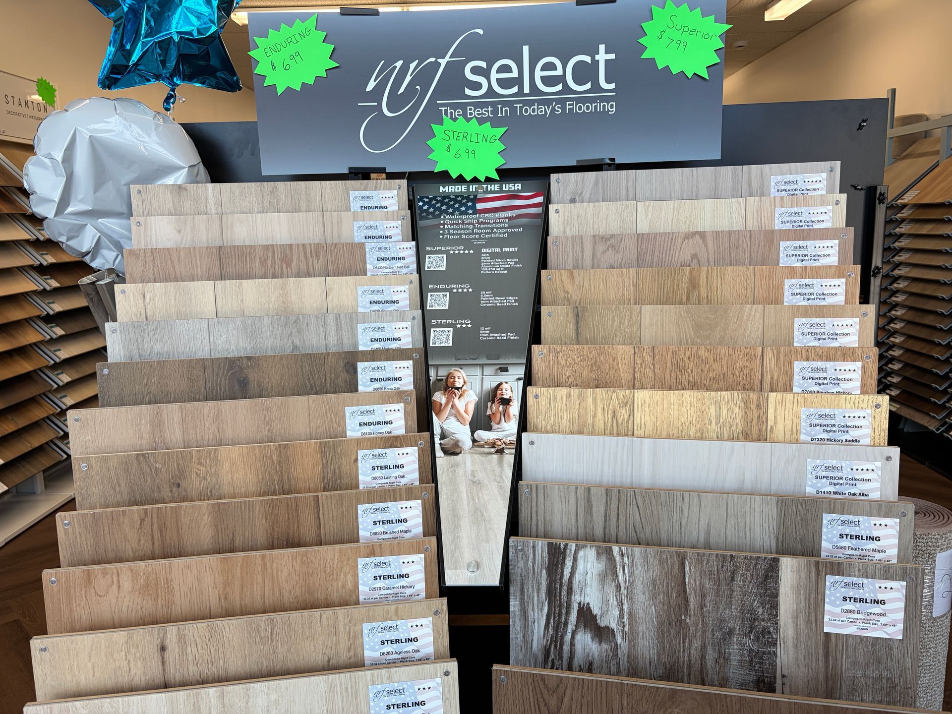 Display of NRF Select flooring samples in various wood tones.