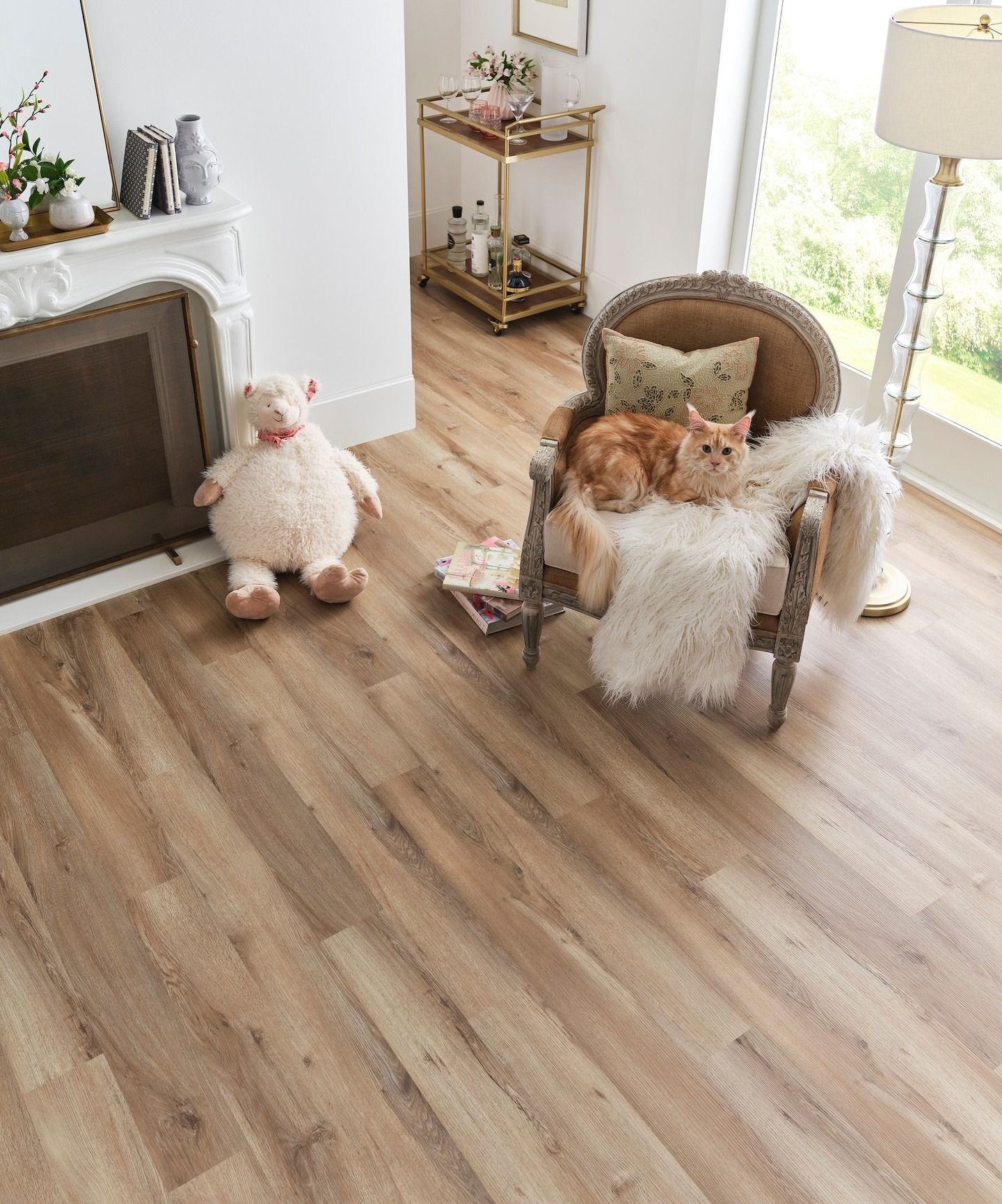 Wooden floor in living room with cat on chair, fireplace, and teddy bear.
