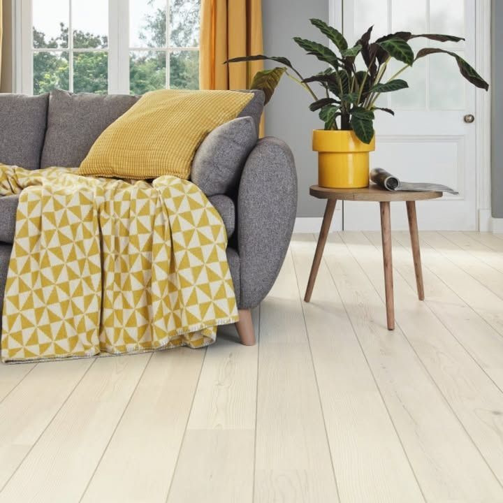 Gray sofa with yellow accents, a wooden side table with a plant, and light-colored wood flooring.