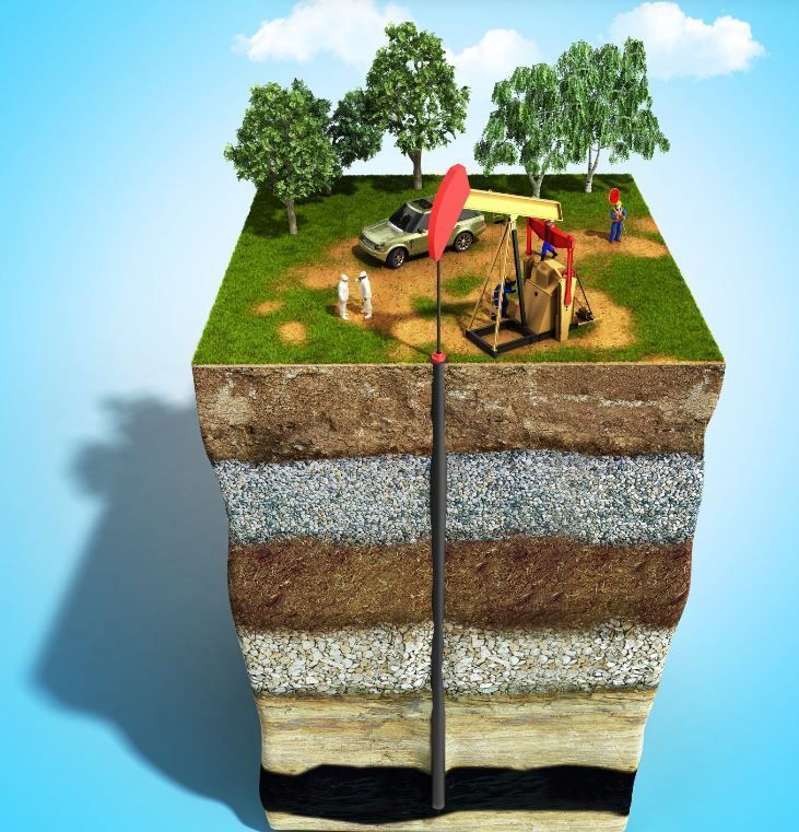 Cross-section of a yard with a drill rig, truck, and workers above layered underground rock and soil.