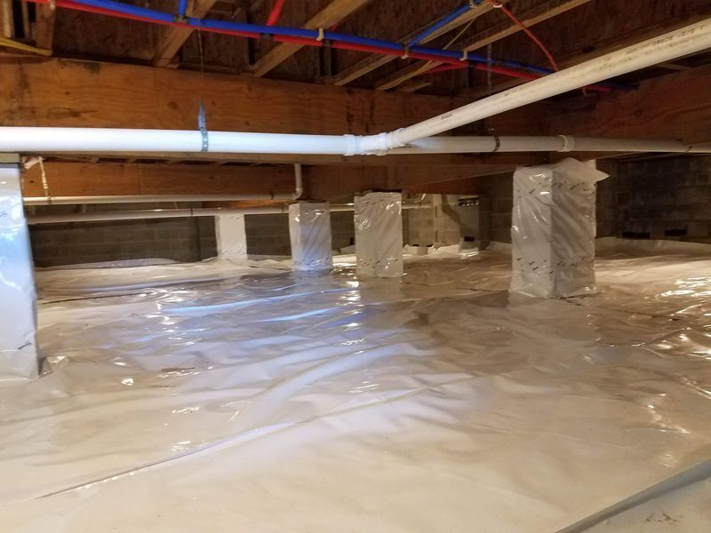 Crawlspace with white plastic sheeting, supports, and plumbing. Sunlight illuminates the space.