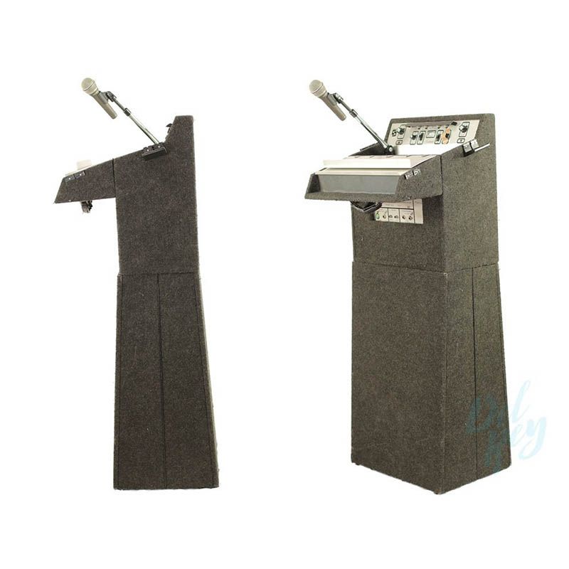 A black podium with two microphones attached to it