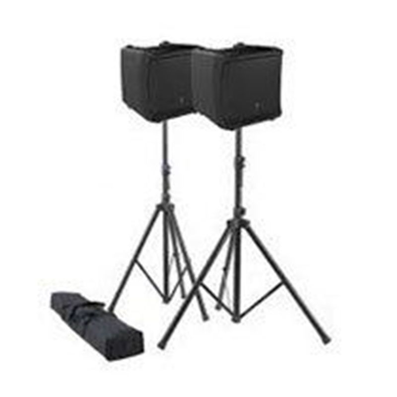 A pair of speakers sitting on top of each other on tripods.