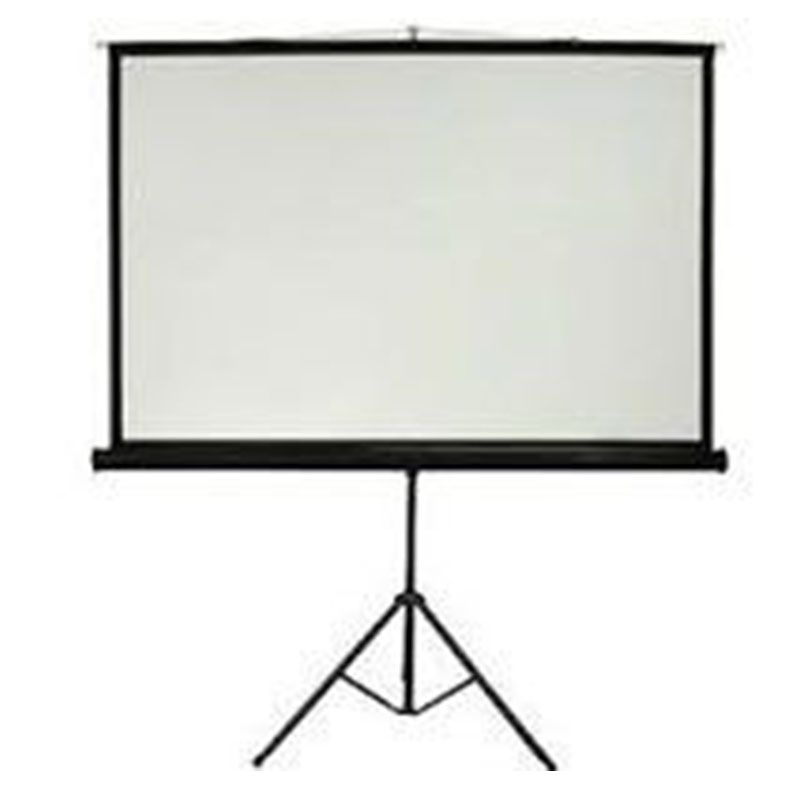 A projector screen on a tripod on a white background.