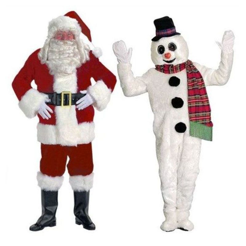 Santa claus and a snowman are standing next to each other