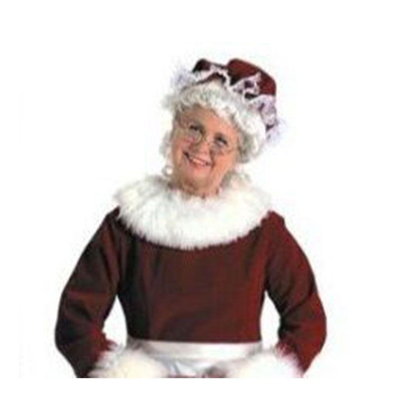 A woman in a santa claus costume is smiling