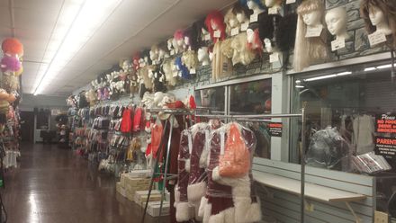 A store filled with lots of wigs and costumes.