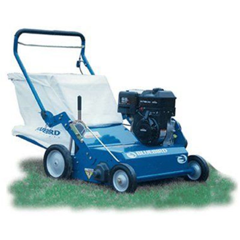 A blue lawn mower with the word bird on it