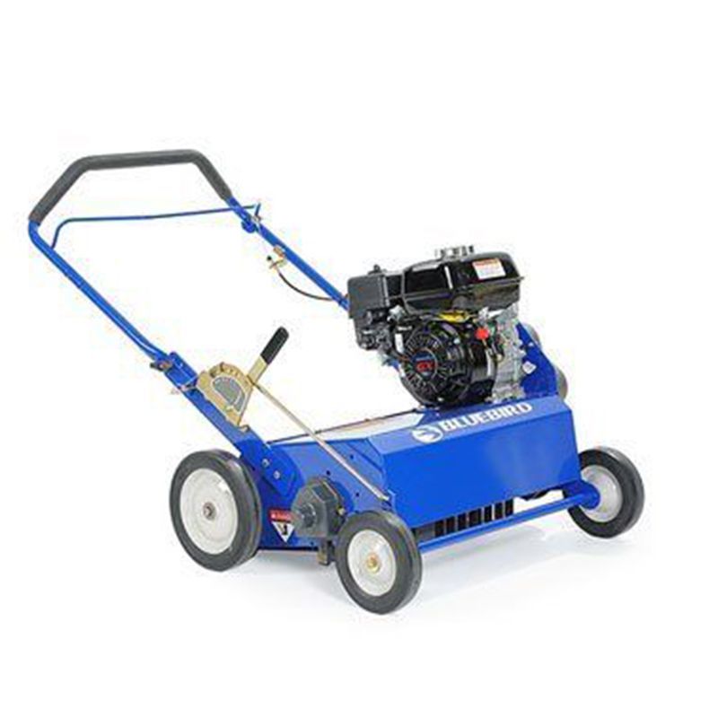 A blue lawn mower with a gas engine is sitting on a white surface.