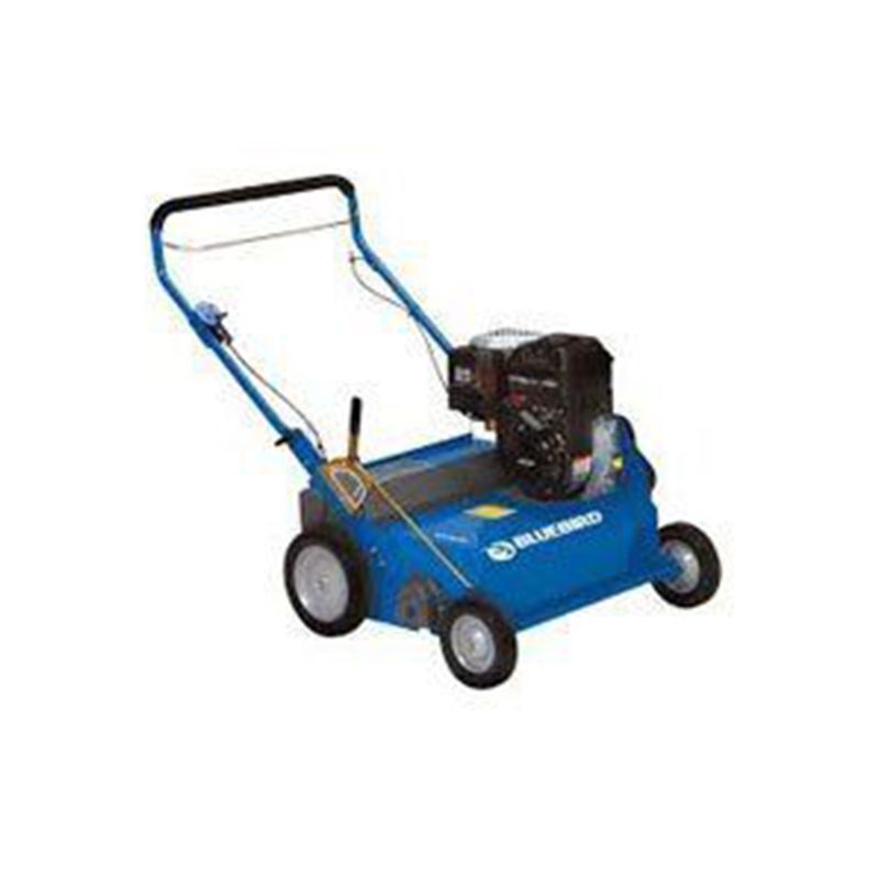 A blue lawn mower with wheels and a motor on a white background.