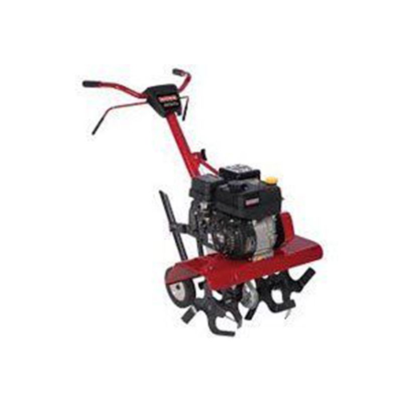 A red and black lawn mower with a gas engine on a white background.