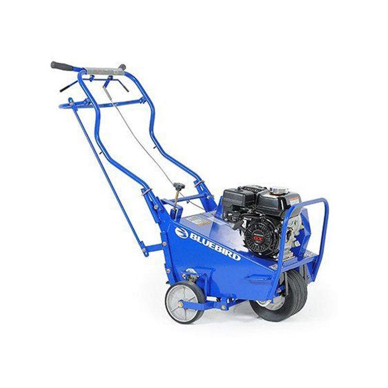 A blue lawn mower with a gas engine on a white background.