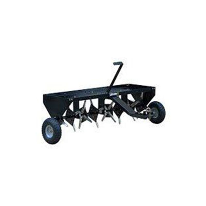 A black lawn aerator with wheels and a handle on a white background.