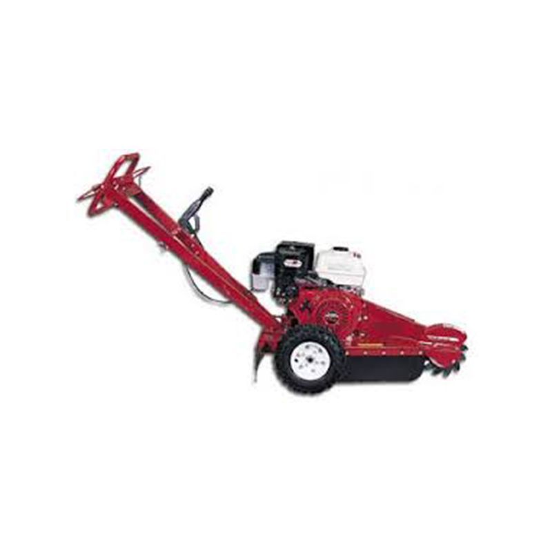 A red stump grinder with a gas engine on a white background.