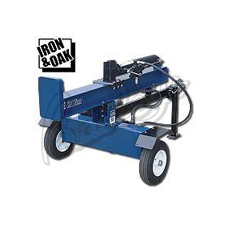 A blue log splitter with wheels on a white background.