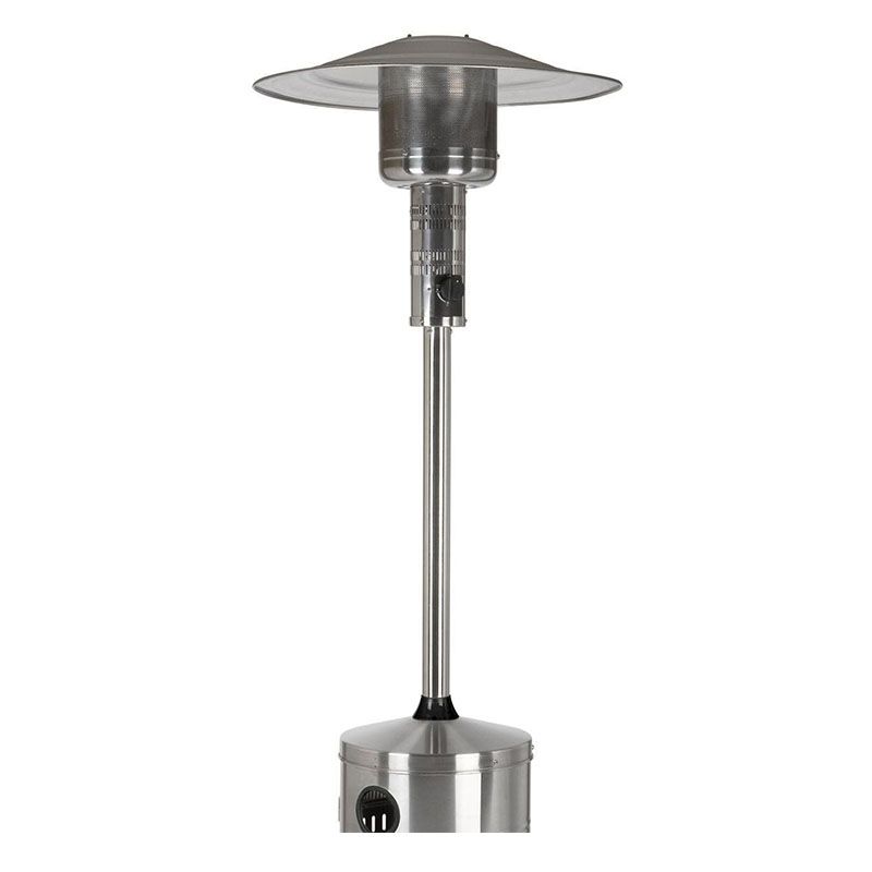 A stainless steel patio heater on a white background.