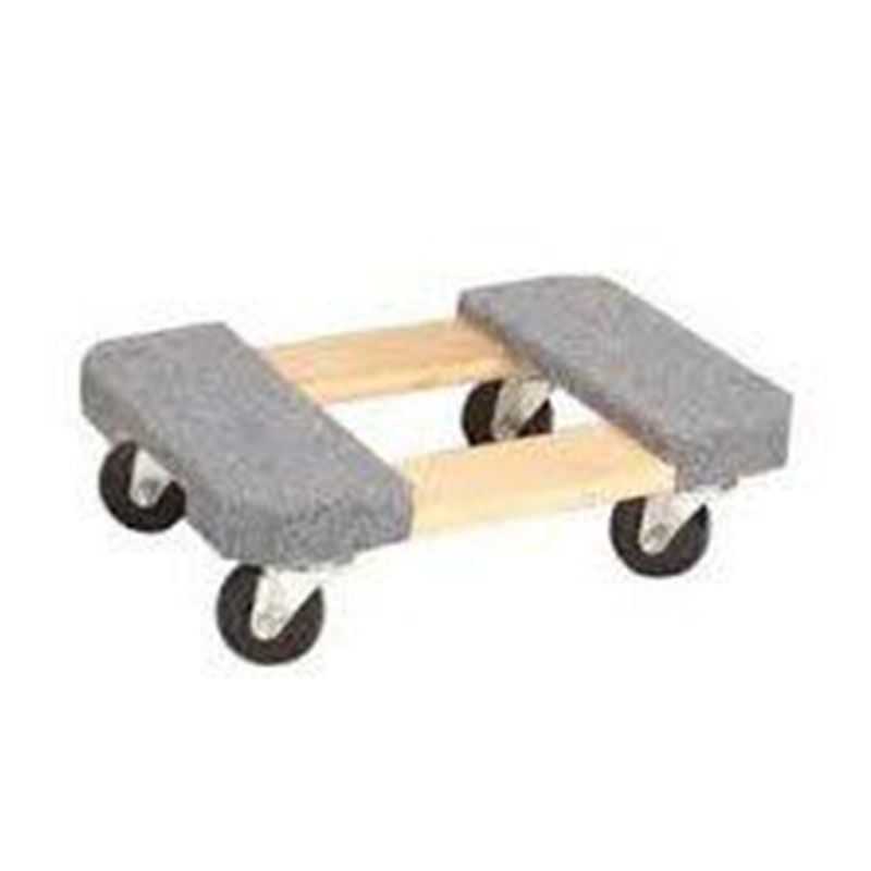 A wooden dolly with wheels on a white background.