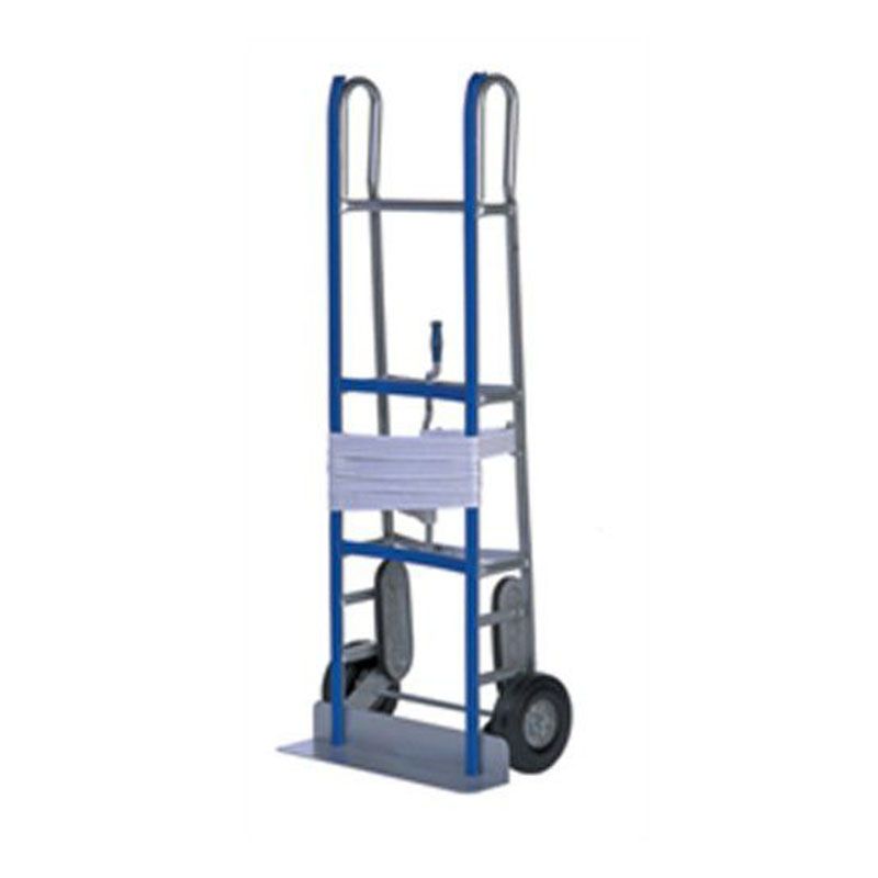 A blue hand truck with a ladder attached to it on a white background.