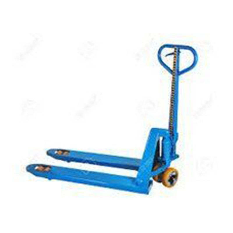 A blue pallet truck with yellow wheels on a white background.