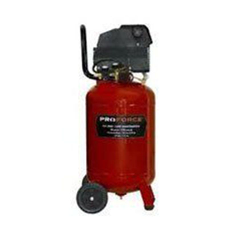 A red air compressor with wheels on a white background.