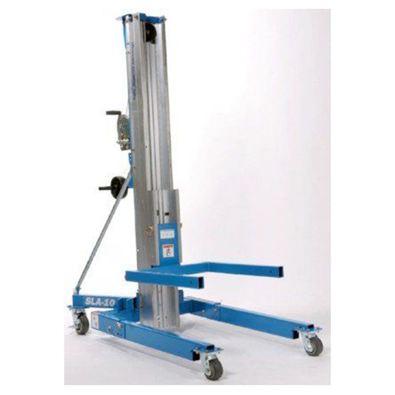 A blue and silver lift with wheels on a white background