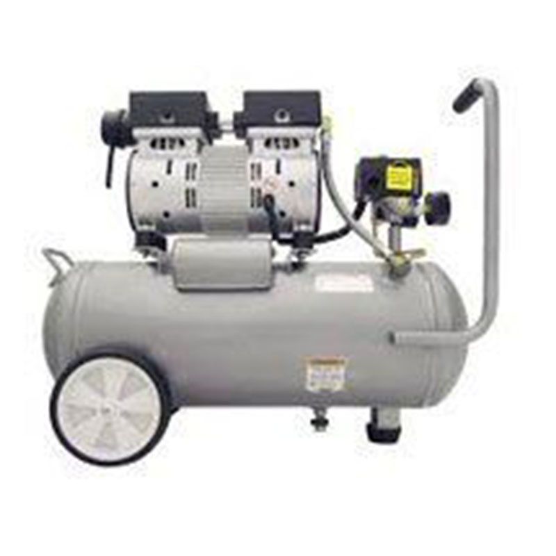 An air compressor with wheels and a handle on a white background.