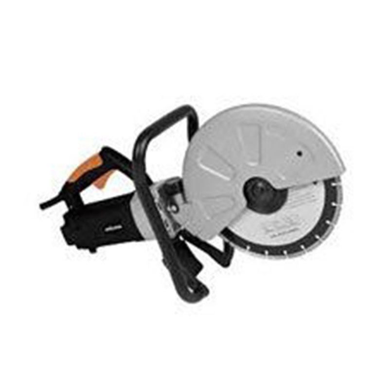 A close up of a circular saw on a white background.