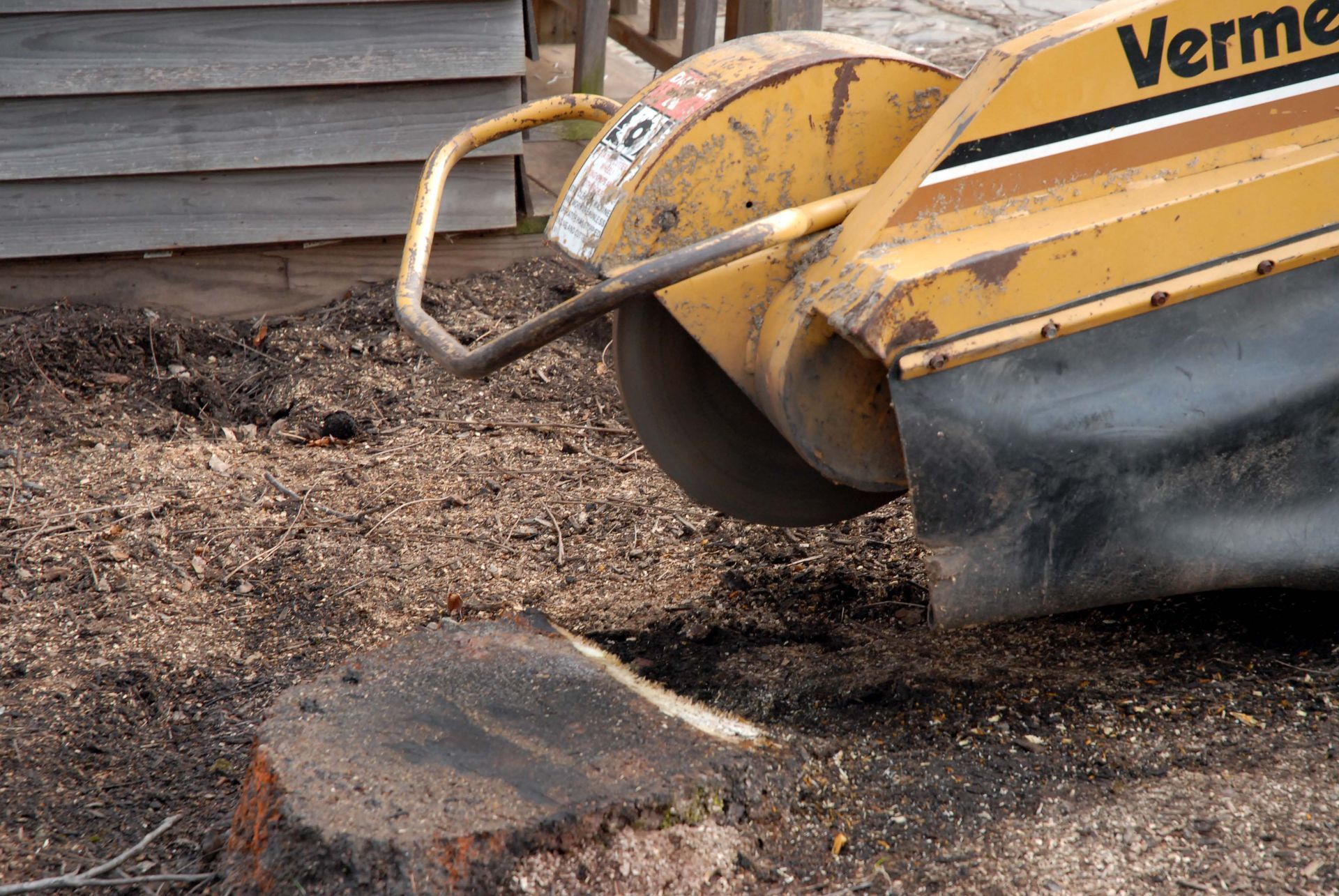 Yellow stump grinder grinding a tree stump in a yard.