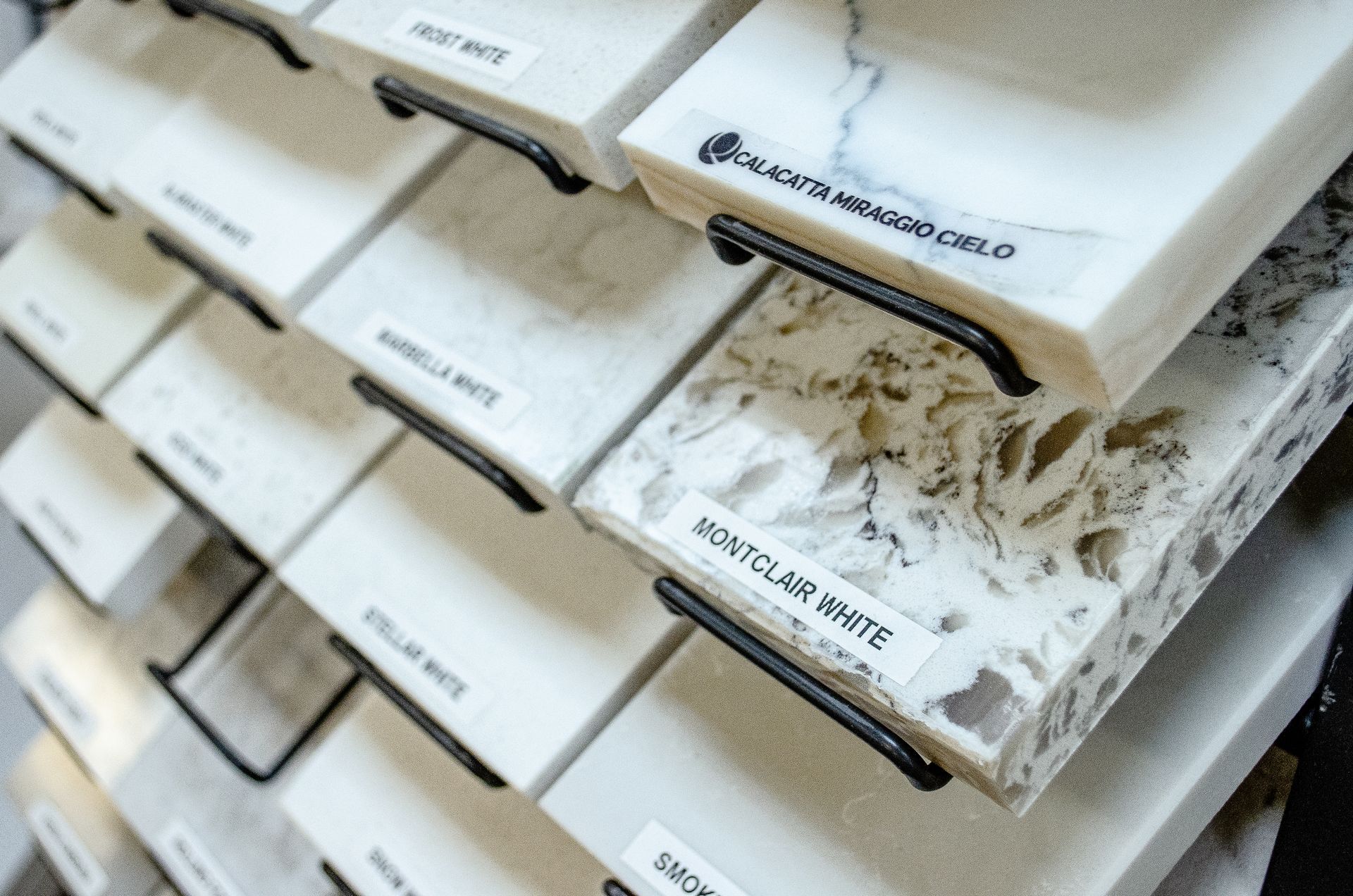 a display of different types of marble countertops in a store