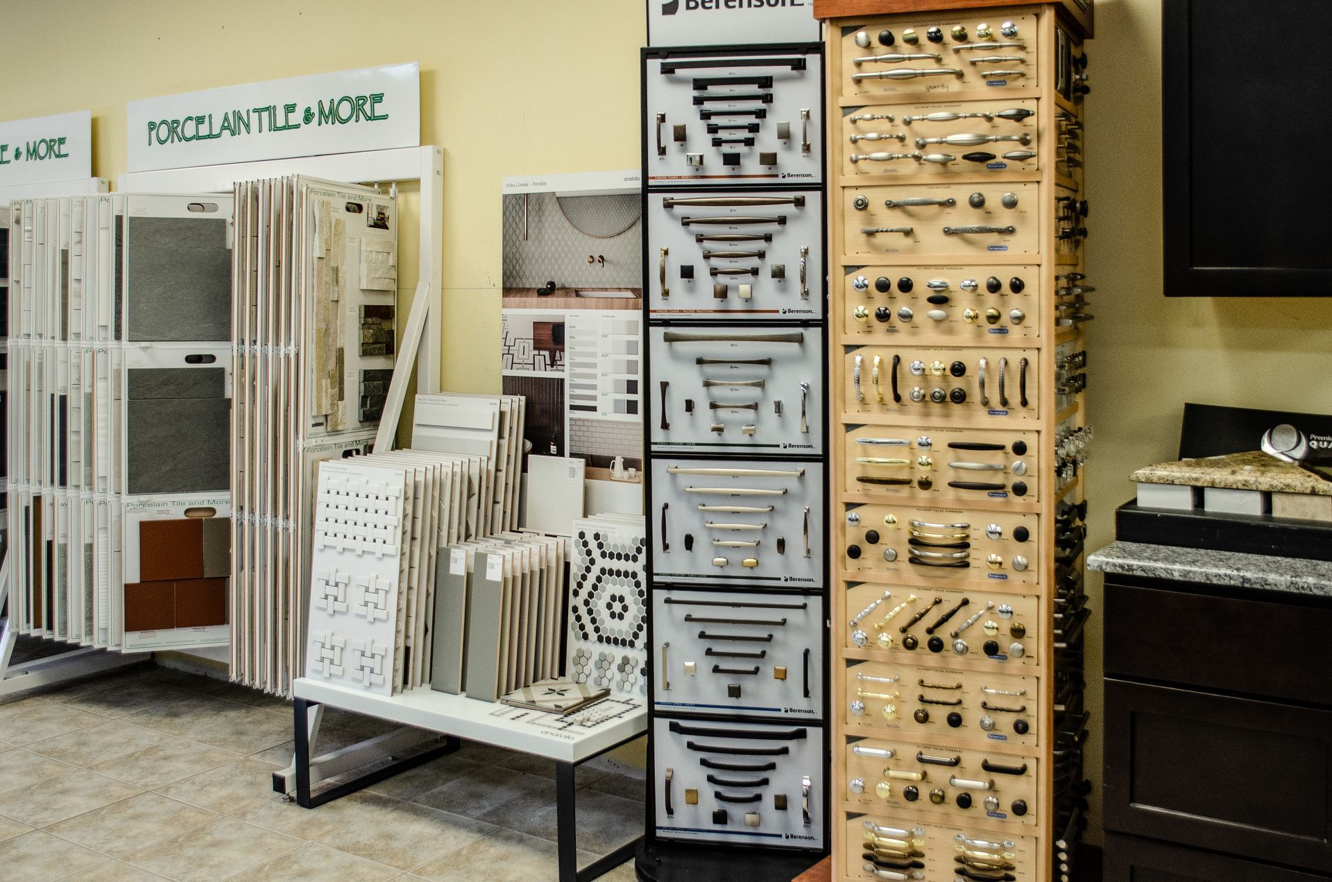 a display of cabinet handles in a store