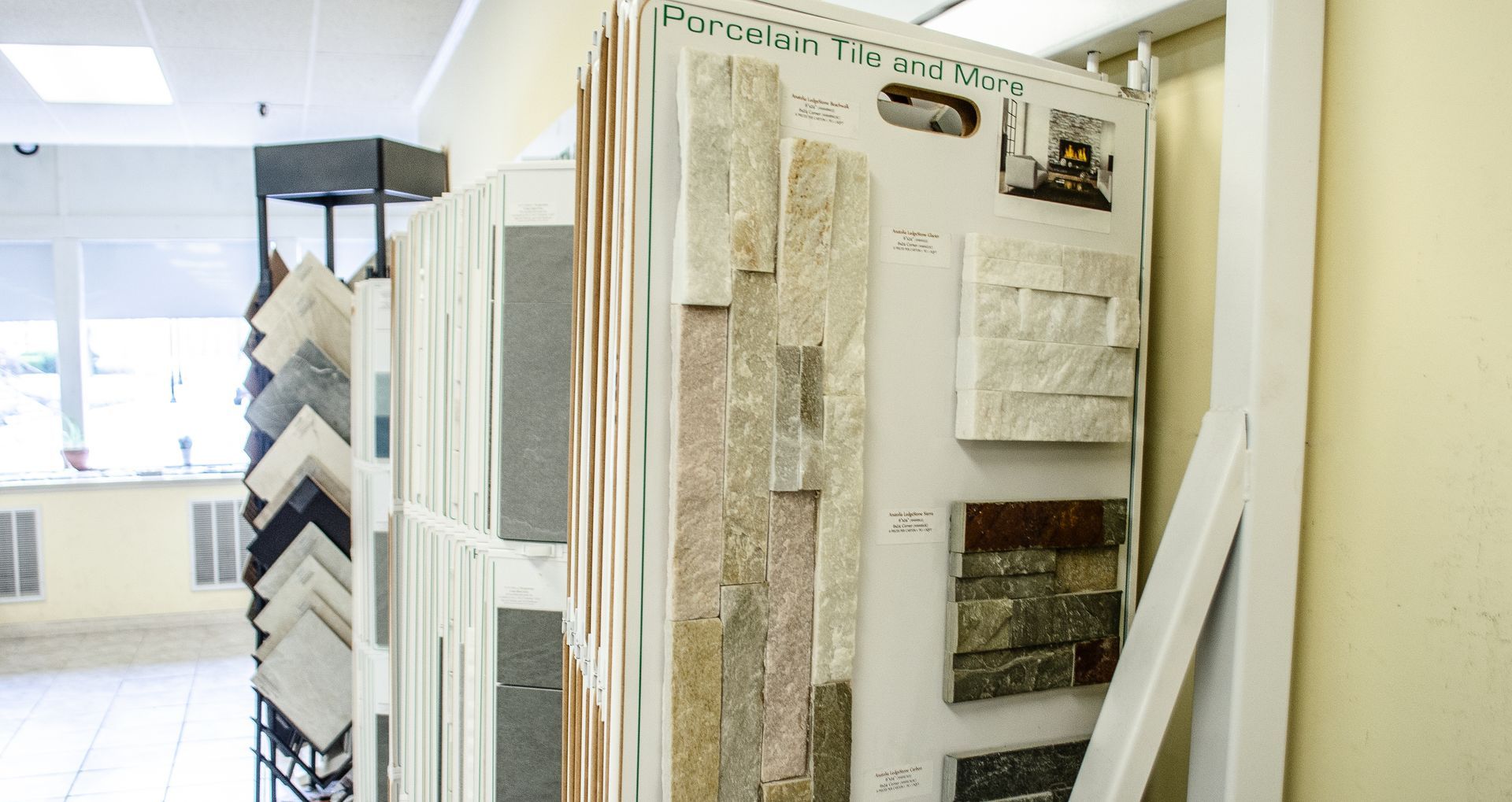 there are many different types of tiles on display in this room