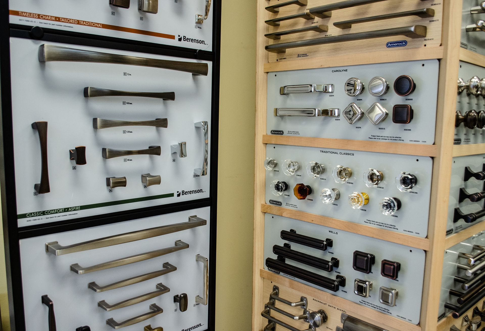 a display of cabinet handles and knobs in a store