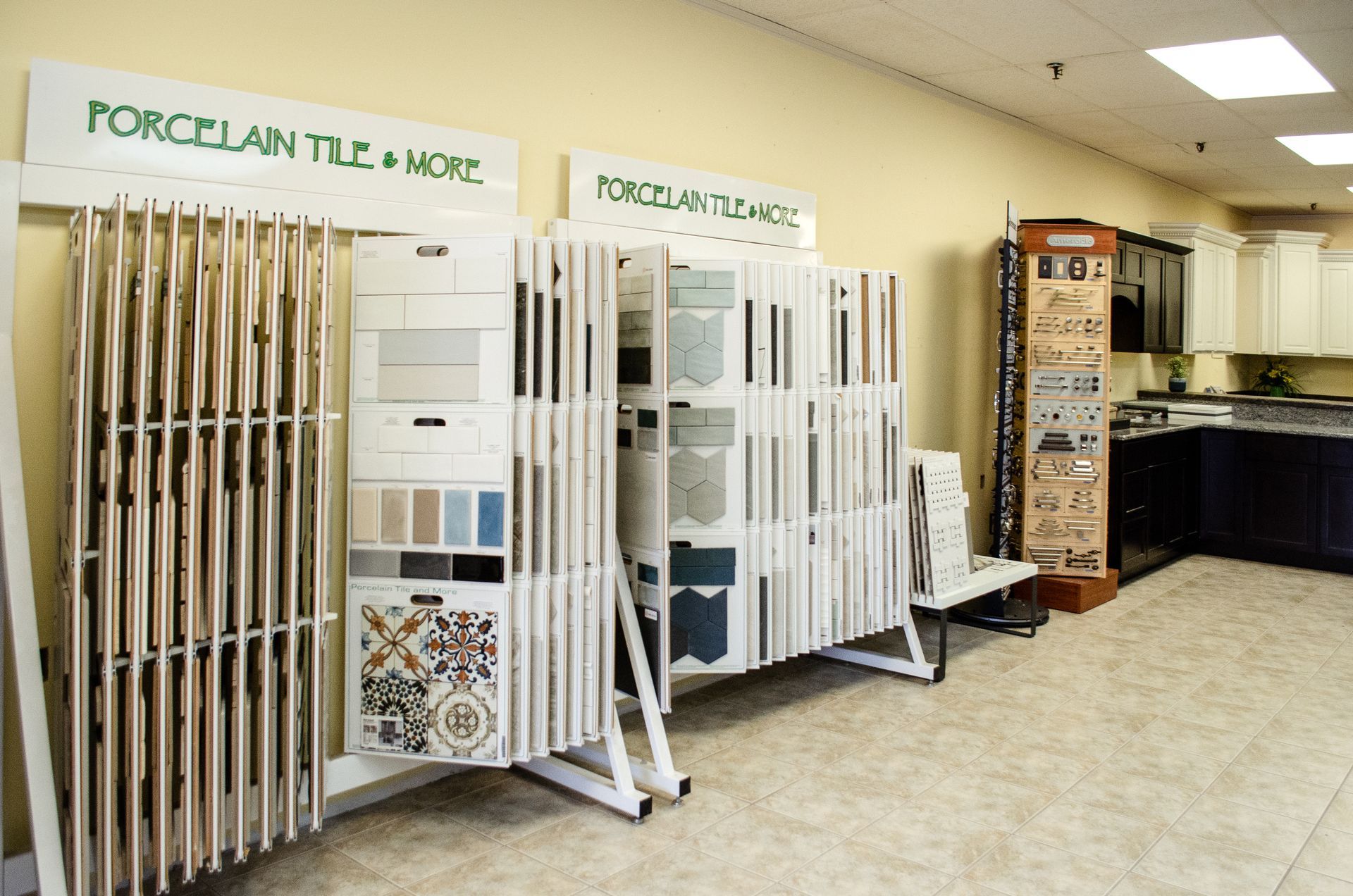 a display of porcelain tile and more in a store